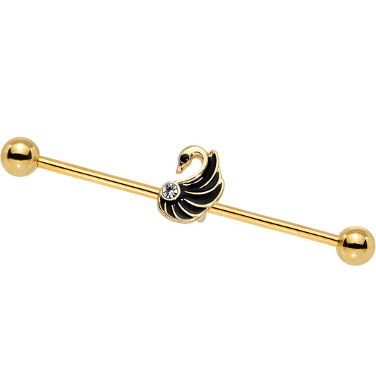 Clear Gem Gold PVD Fluttering Swan Feather Industrial Barbell 38mm