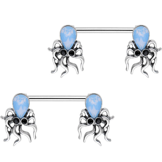 9/16 Aqua Gem Ogling Octopus Barbell Nipple Ring Set