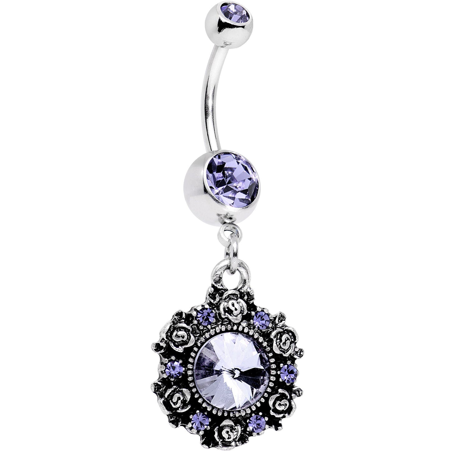 Purple Gem Rose Flower Ringed Garden Party Dangle Belly Ring