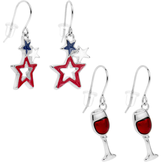 Red Wine Glass and Patriotic Star Earrings Set