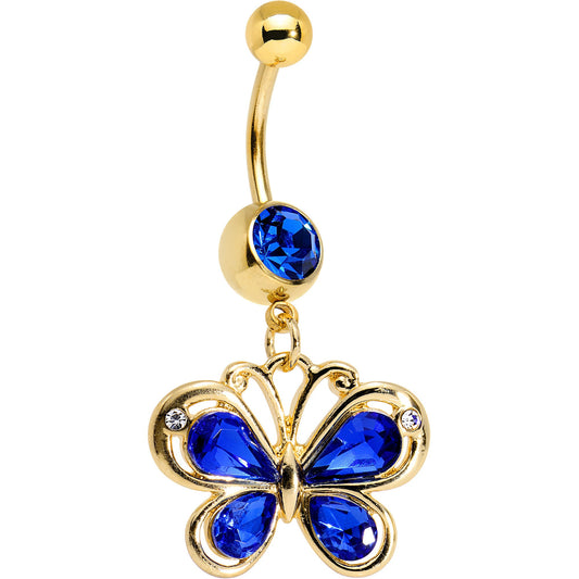 Navy Blue Gem Gold PVD Burst of Color Butterfly Dangle Belly Ring
