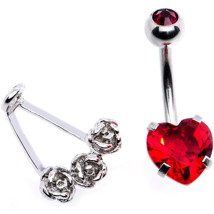 Red CZ Gem Heart Kissed Rose Flower Dangle Belly Ring