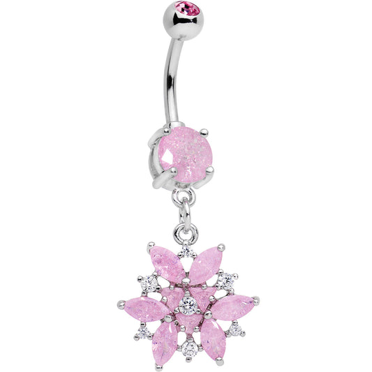 Pink CZ Gem Epic Ice Flower Dangle Belly Ring