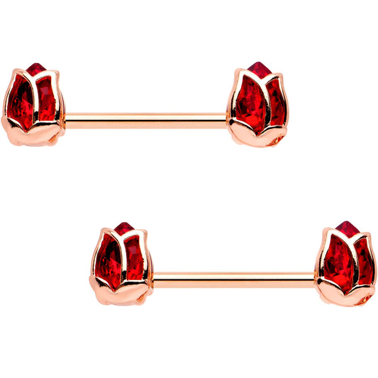 9/16 Red Gem Rose Gold PVD Tulip Flower Barbell Nipple Ring Set