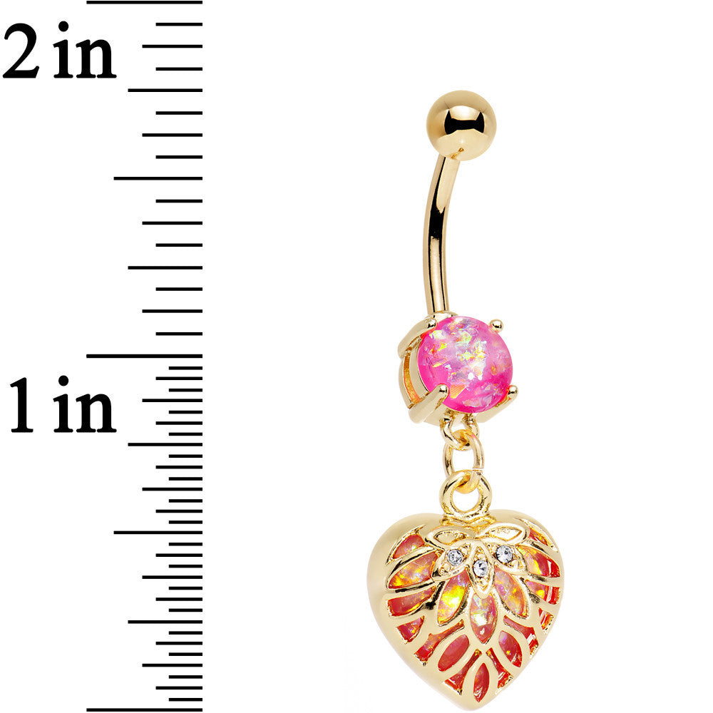 Pink Red Faux Opal Gold Anodized Lotus Flower Locked Heart Dangle Belly Ring