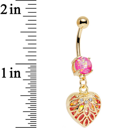 Pink Red Faux Opal Gold Anodized Lotus Flower Locked Heart Dangle Belly Ring