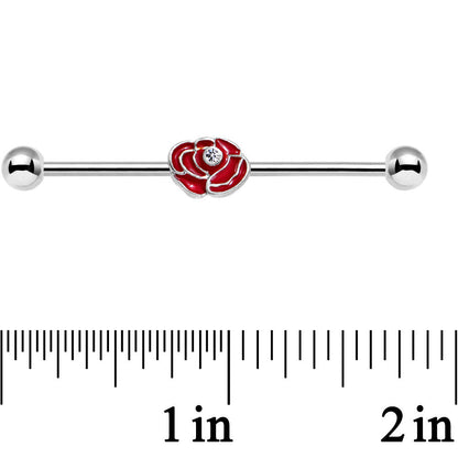 14 Gauge Clear Gem Steel Red Rose Flower Industrial Barbell 38mm