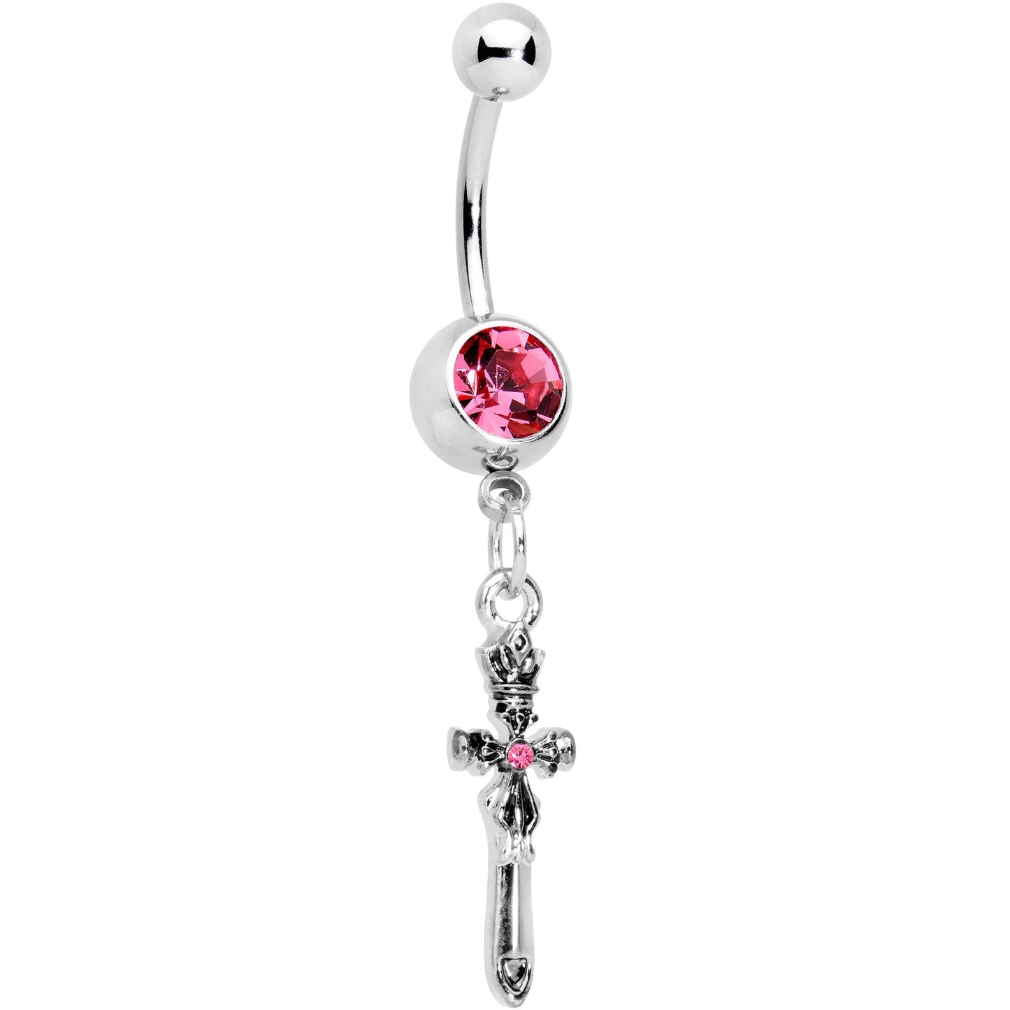 Pink Gem Templar Cross Dangle Belly Ring