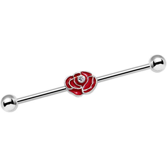 14 Gauge Clear Gem Steel Red Rose Flower Industrial Barbell 38mm
