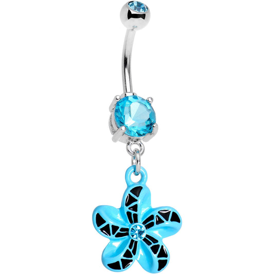 Aqua Gem Blue Black Swirl Pinwheel Dangle Belly Ring