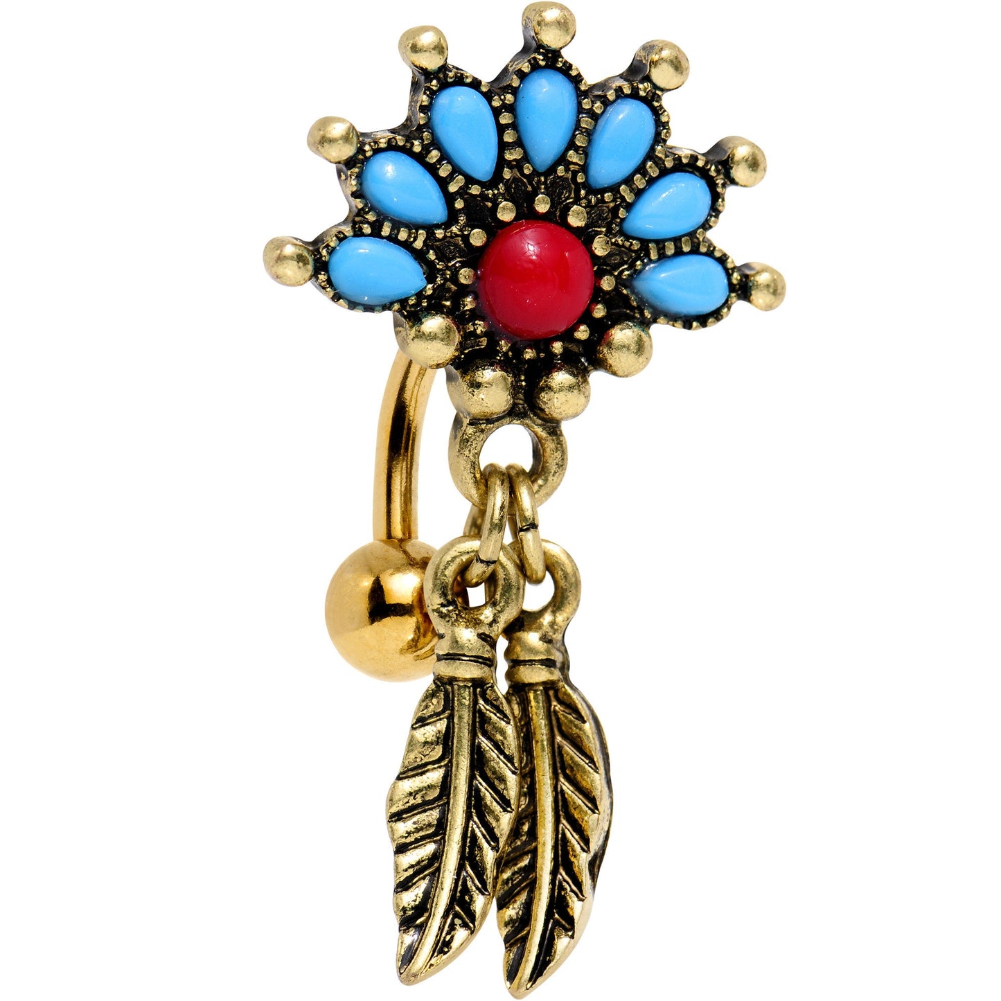 Red Blue Orb Gold Anodized Fan Feather Top Mount Dangle Belly Ring