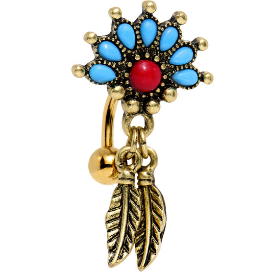 Red Blue Orb Gold Anodized Fan Feather Top Mount Dangle Belly Ring