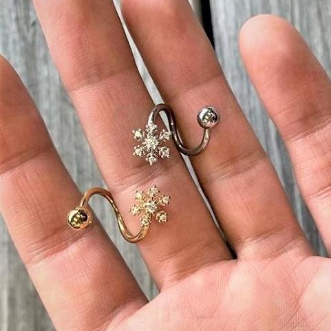 Clear CZ Gem Gold Tone Snowflake Christmas Spiral Twister Belly Ring