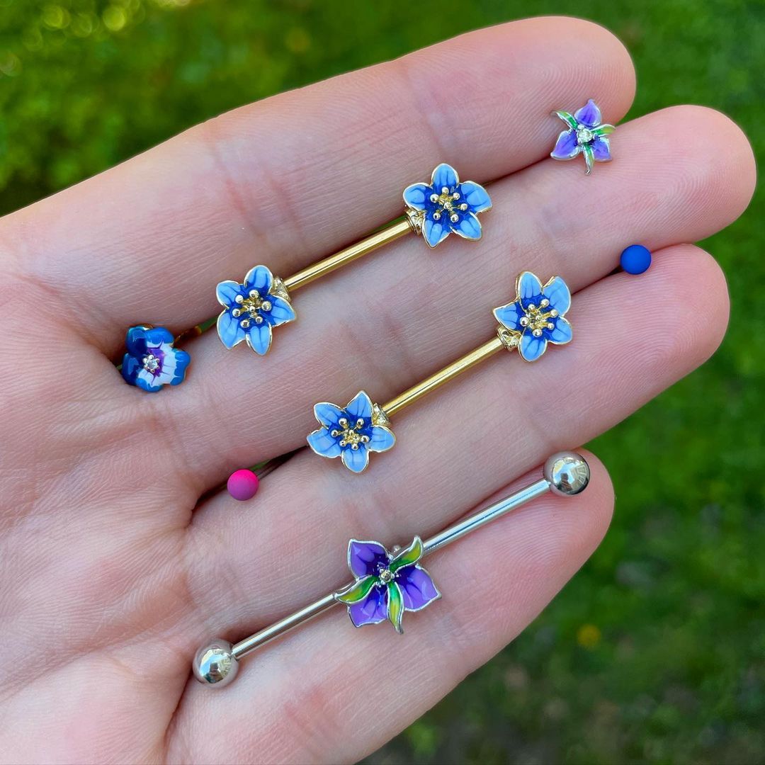 14 Gauge Clear Gem Exotic Purple Flower Industrial Barbell 38mm