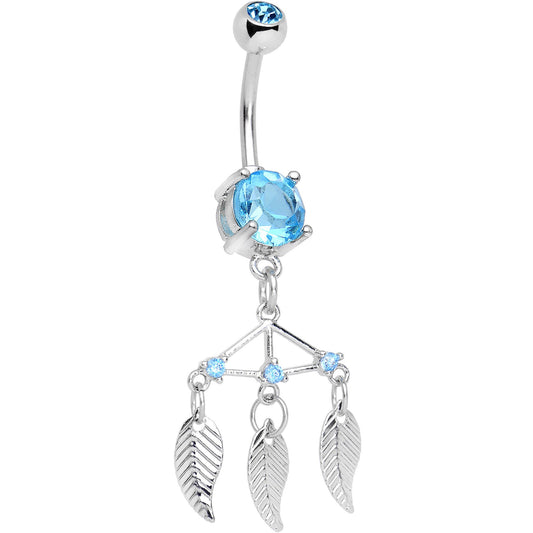 Aqua CZ Gem Free Spirit Feather Dangle Belly Ring