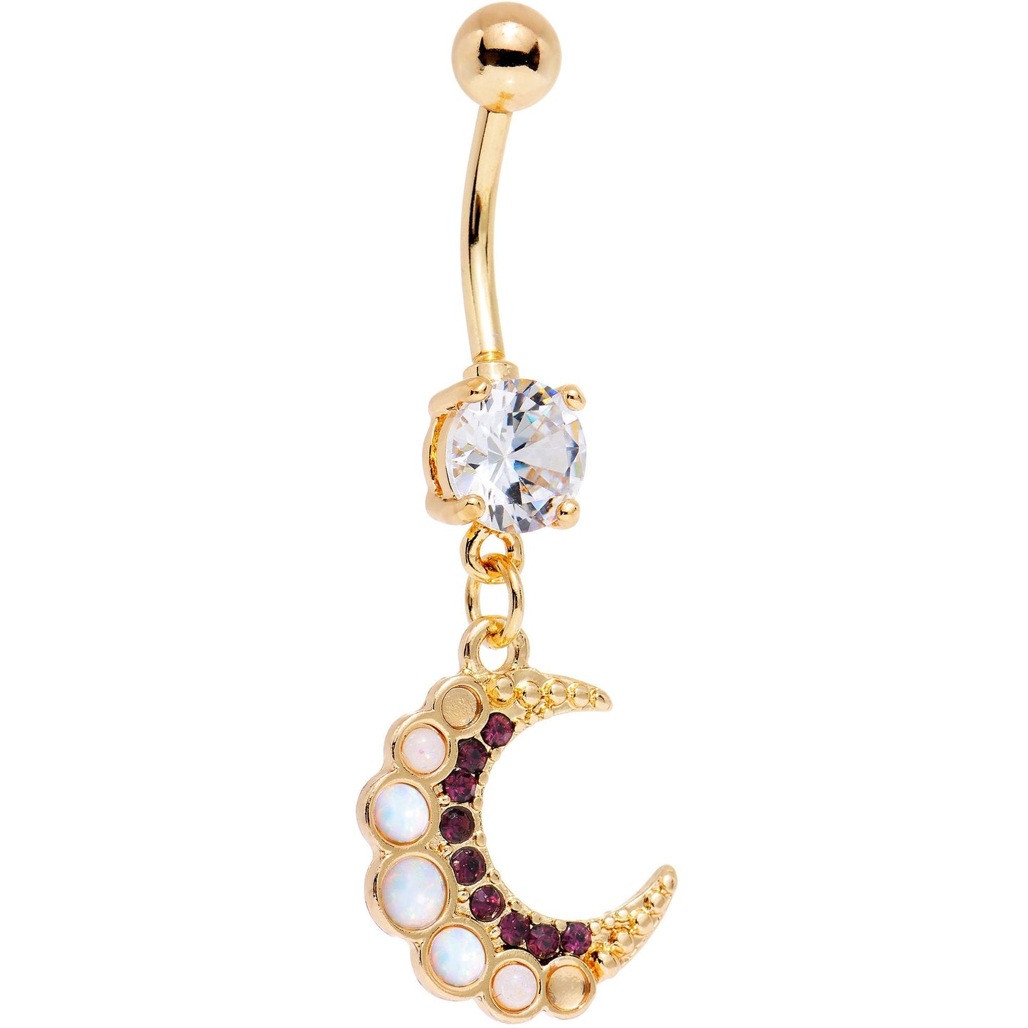 Purple Gem White Faux Opal Gold PVD Crescent Moon Dangle Belly Ring