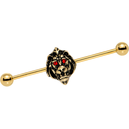 14 Gauge Red Gem Gold PVD Ferocious Lion Industrial Barbell 38mm