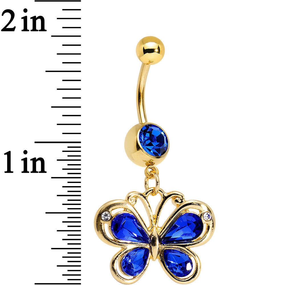 Navy Blue Gem Gold PVD Burst of Color Butterfly Dangle Belly Ring