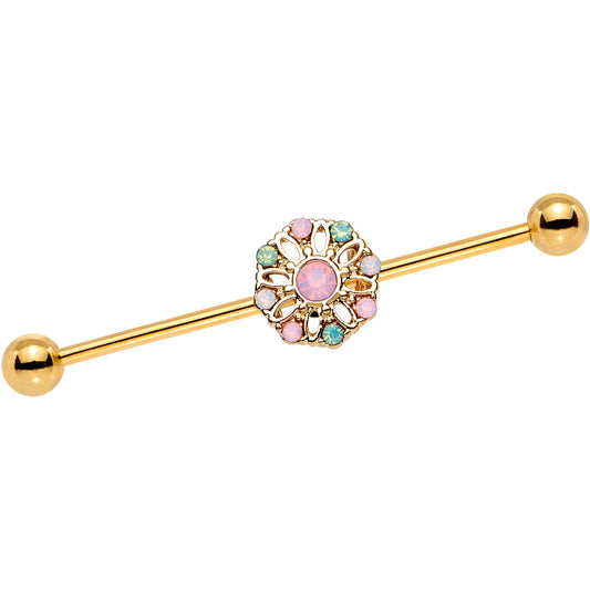 Pink Gem Gold IP Rounded Flower Industrial Barbell 38mm