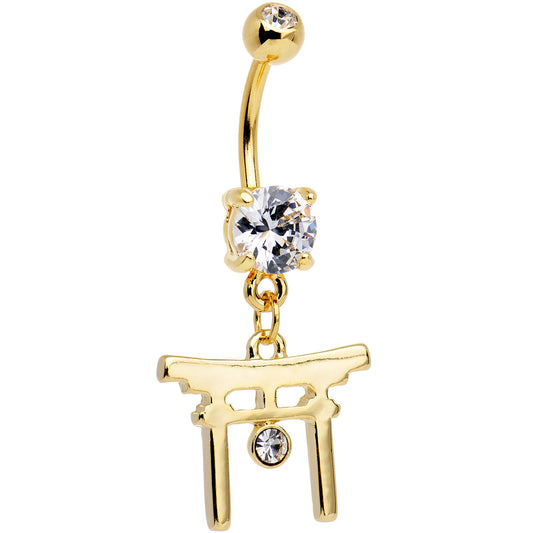 Clear CZ Gem Gold PVD Japanese Gate Dangle Belly Ring
