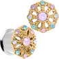 Pink Green White Gem Glam Flower Double Flare Tunnel Plug Set