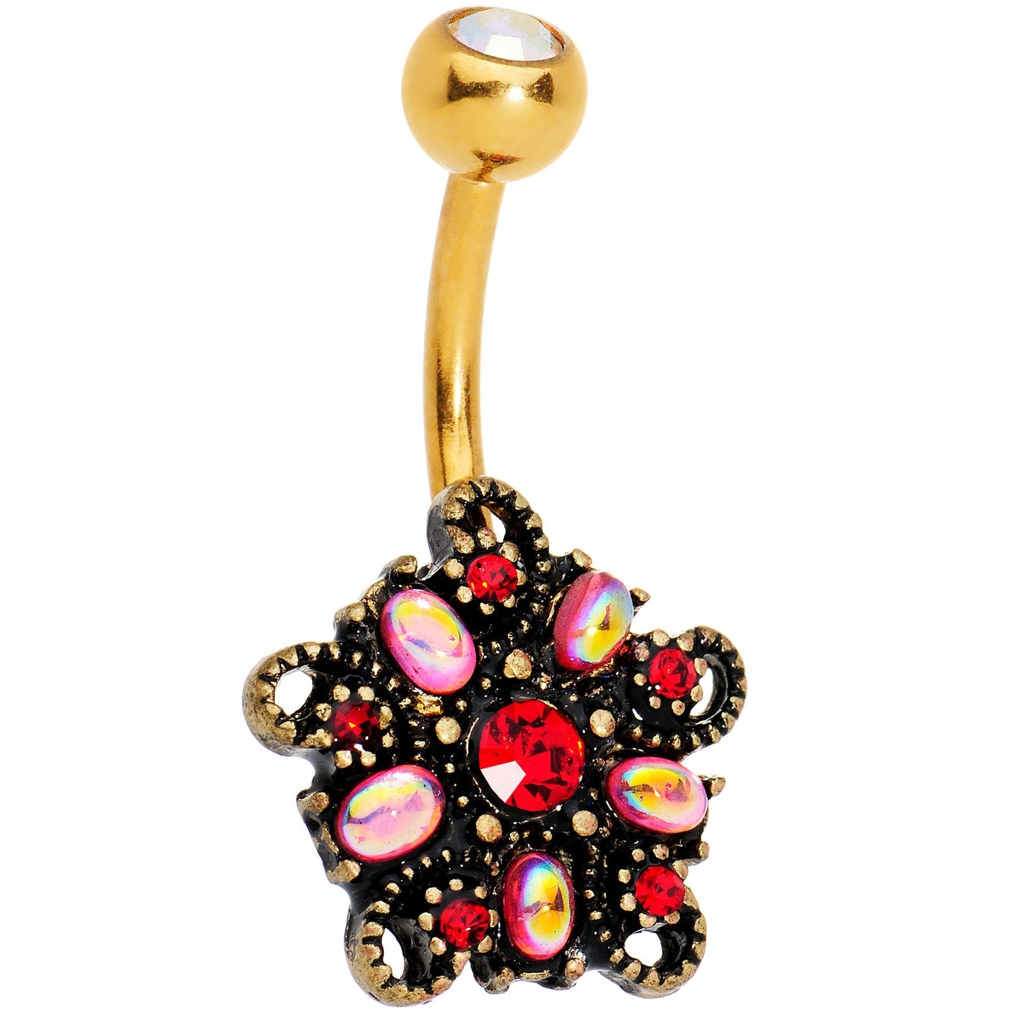 Red White Gem Gold Plated Holiday Brooch Belly Ring