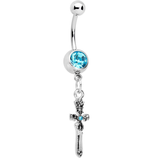 Blue Gem Templar Cross Dangle Belly Ring