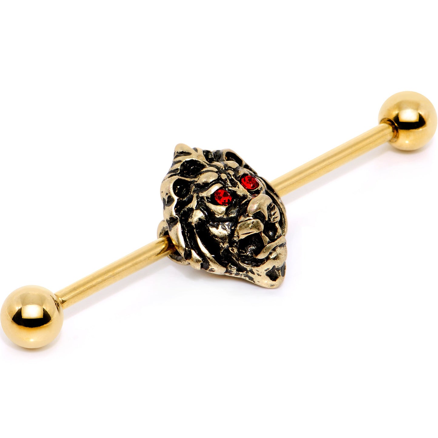 14 Gauge Red Gem Gold PVD Ferocious Lion Industrial Barbell 38mm