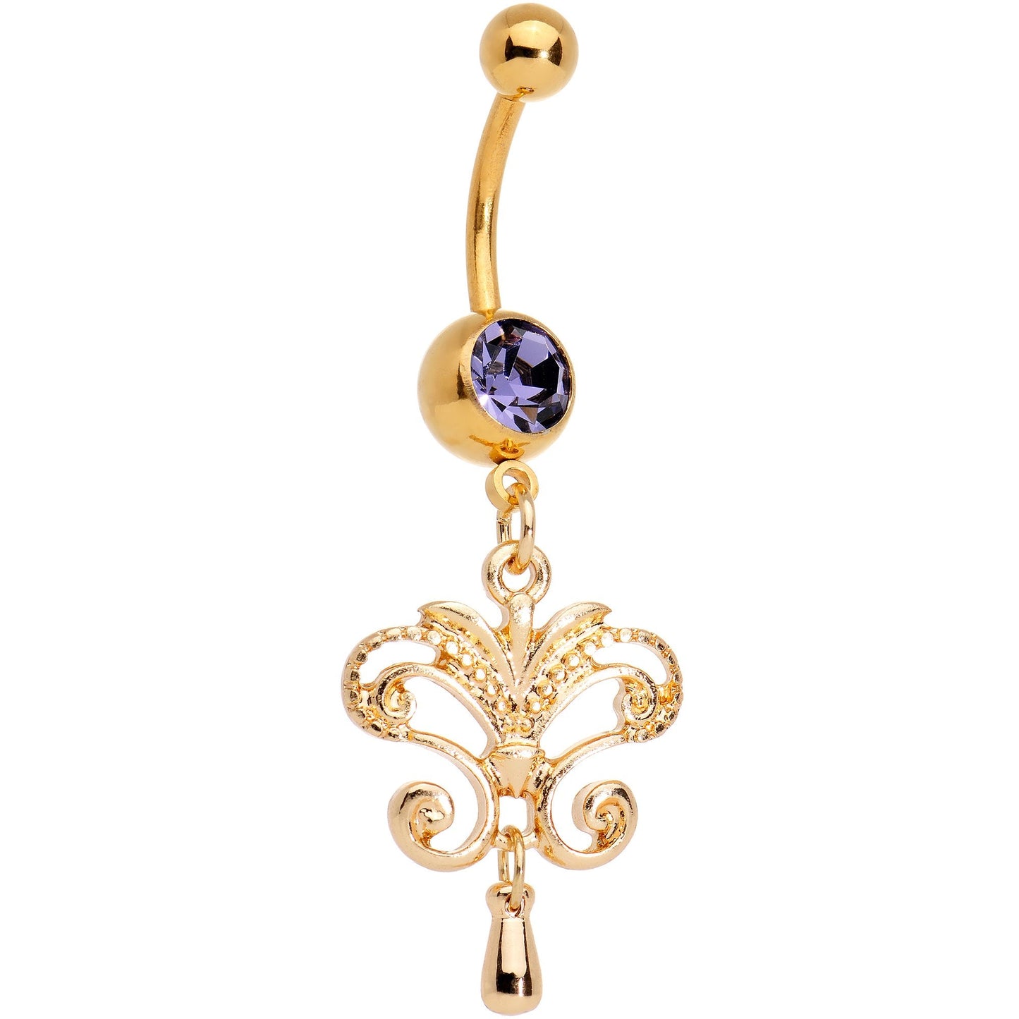 Purple Gem Gold Tone Anodized Chandelier Double Dangle Belly Ring