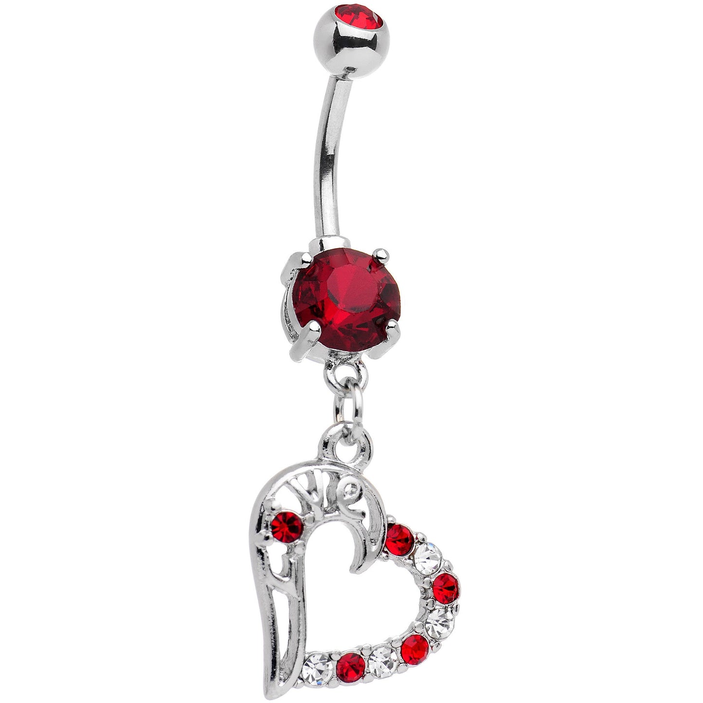 Red Gem Love Inscribed Titled Heart Dangle Belly Ring